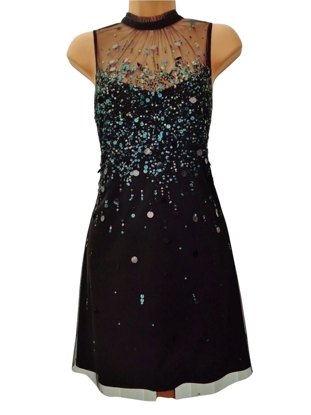 Monsoon Teal Black Sequin Embellished Mesh Party Dress US 12 UK 16 NWT